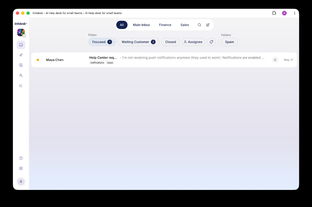 initdesk inbox in a standalone Chrome app window without browser tabs: shared inbox, filters, and ticket list