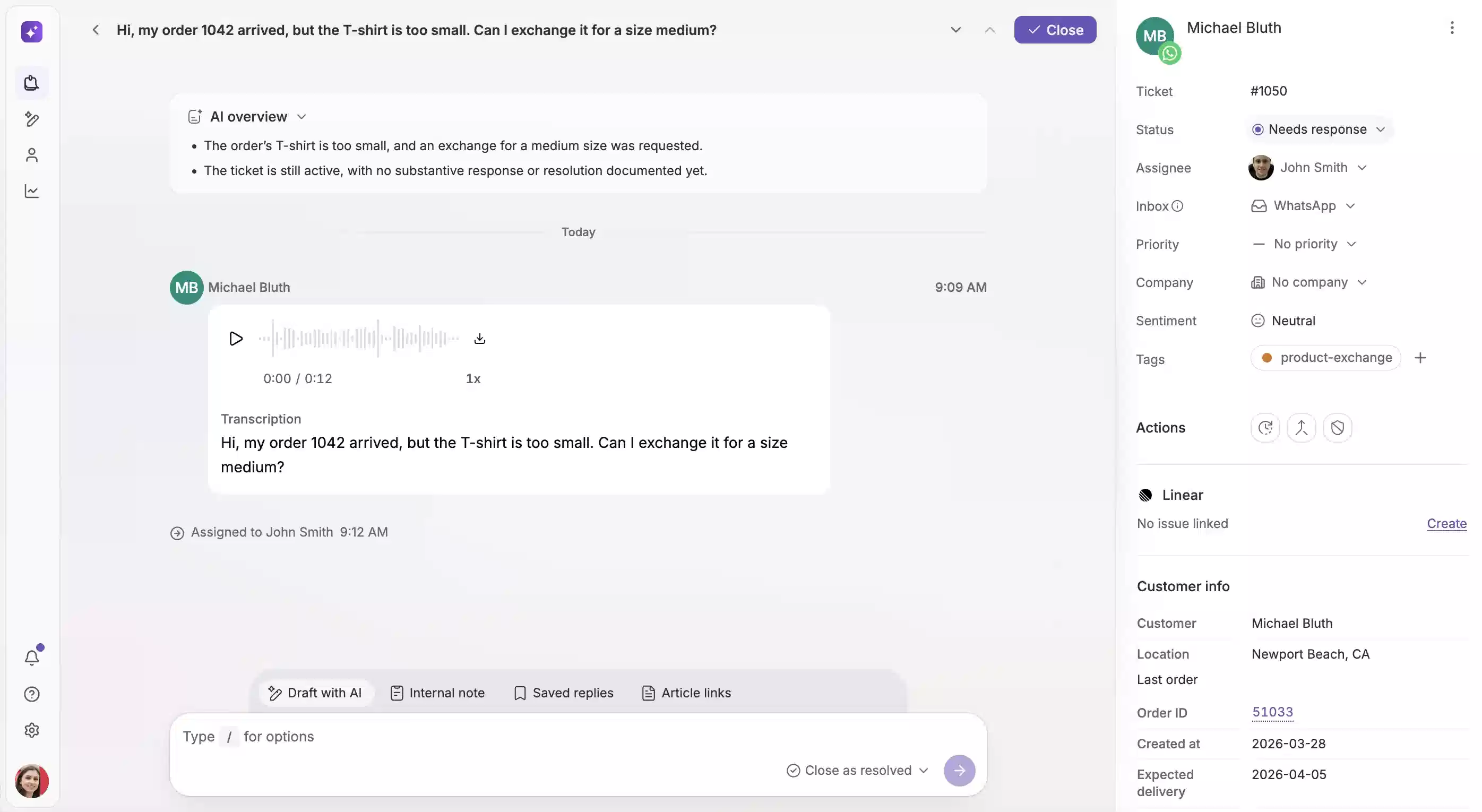 An initdesk ticket with a WhatsApp voice message and its transcription, an AI overview, and customer context beside the conversation: ticket details, tags, and order and delivery data from the store’s own API.