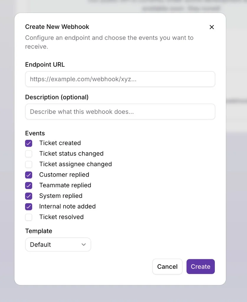 Create New Webhook dialog with endpoint URL, optional description, selectable ticket events, and template dropdown