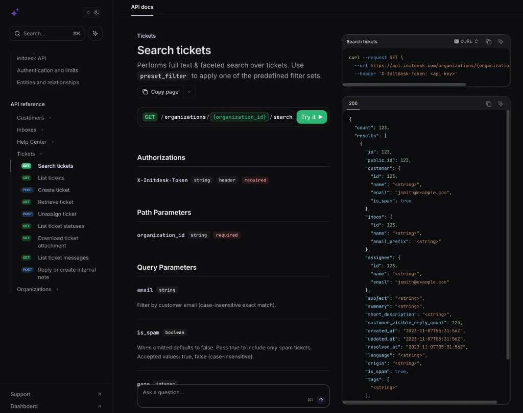initdesk API documentation showing Search tickets with curl example and response schema