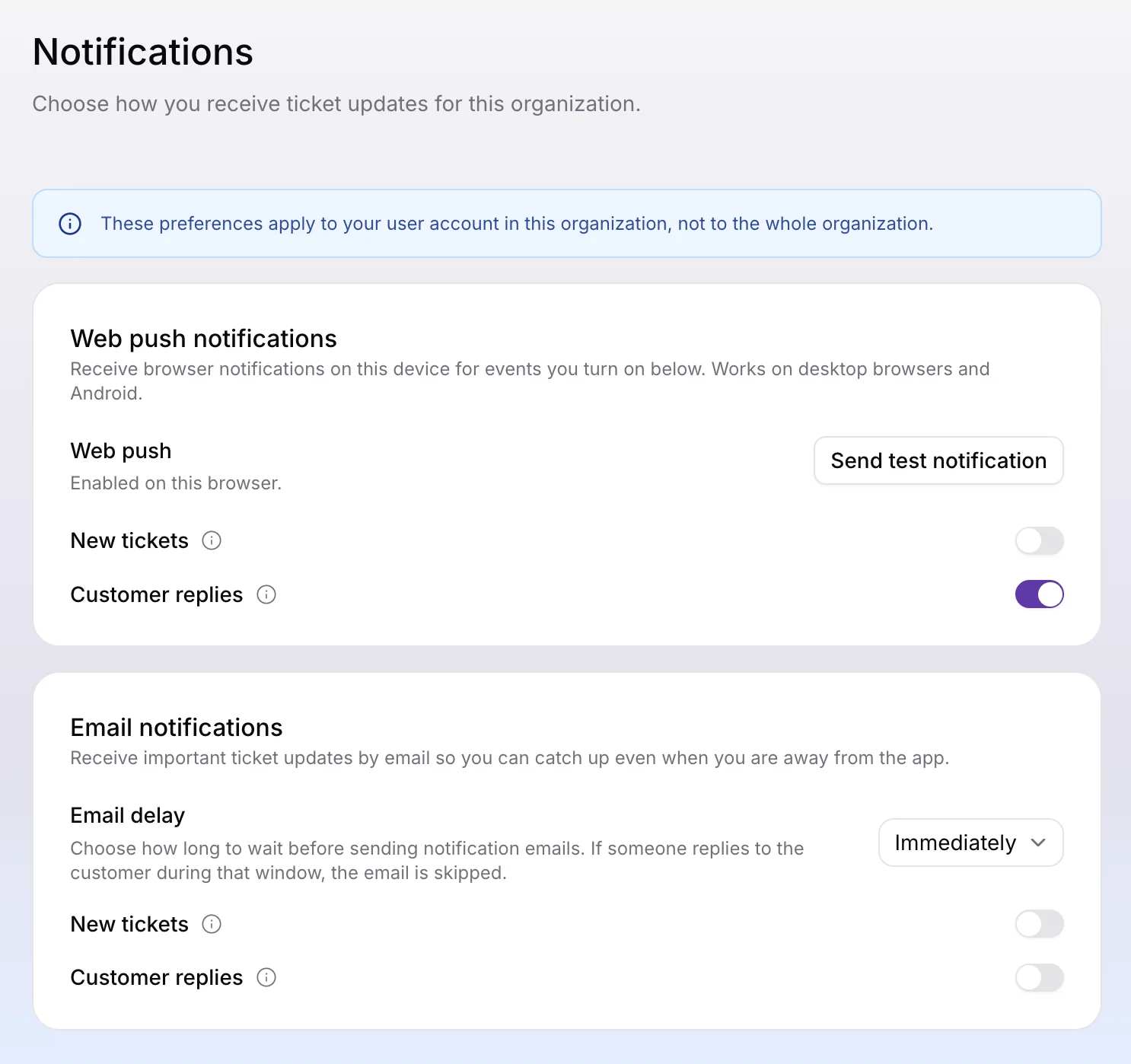 Notifications settings page with web push and email notification preferences for new tickets and customer replies