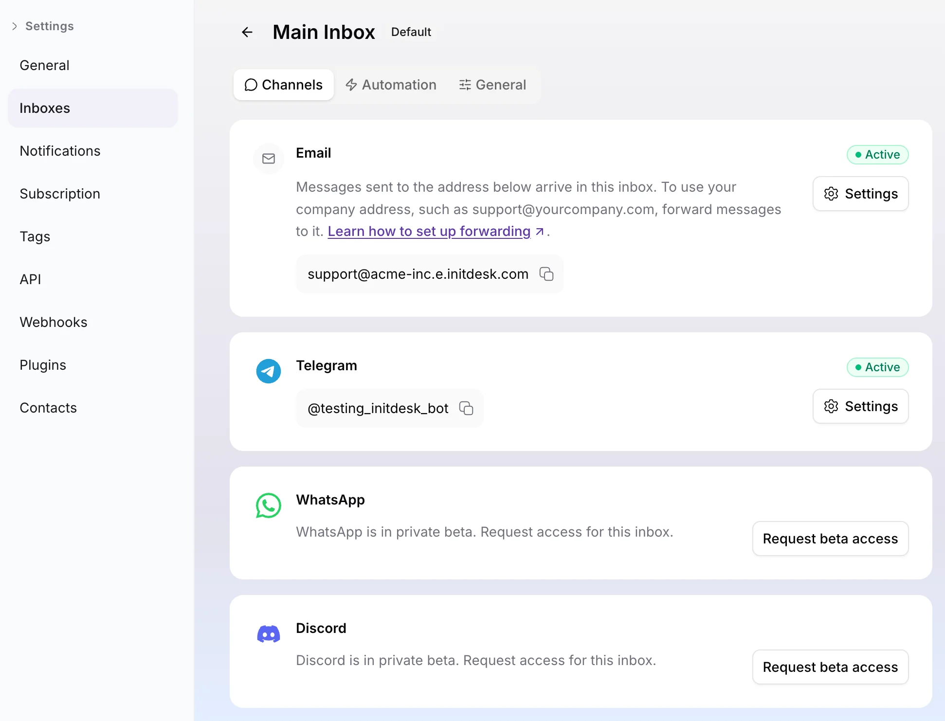 Inbox Channels settings page showing Email and Telegram as active channels, with WhatsApp and Discord beta access options