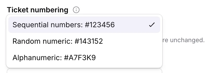 General settings page showing ticket numbering options for sequential numbers, random numeric references, and alphanumeric references