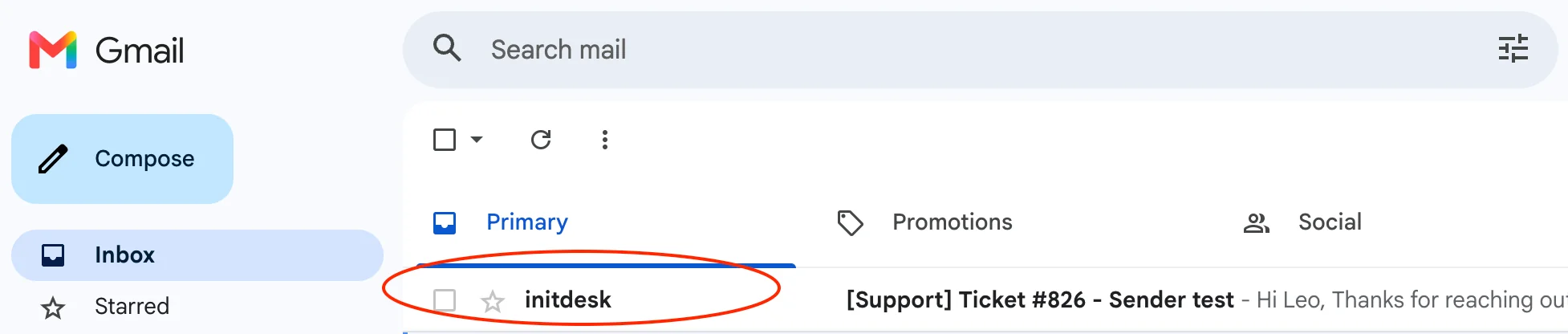 Email settings for an inbox showing a custom sender name field for how replies appear in the customer email client