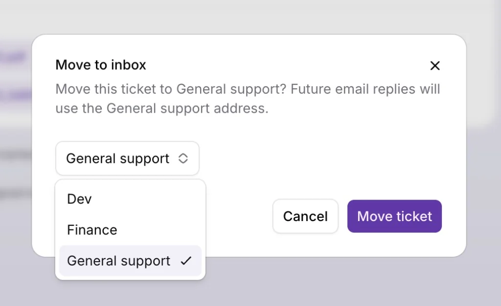 Move to inbox modal showing destination inbox dropdown with Dev, Finance, and General support options