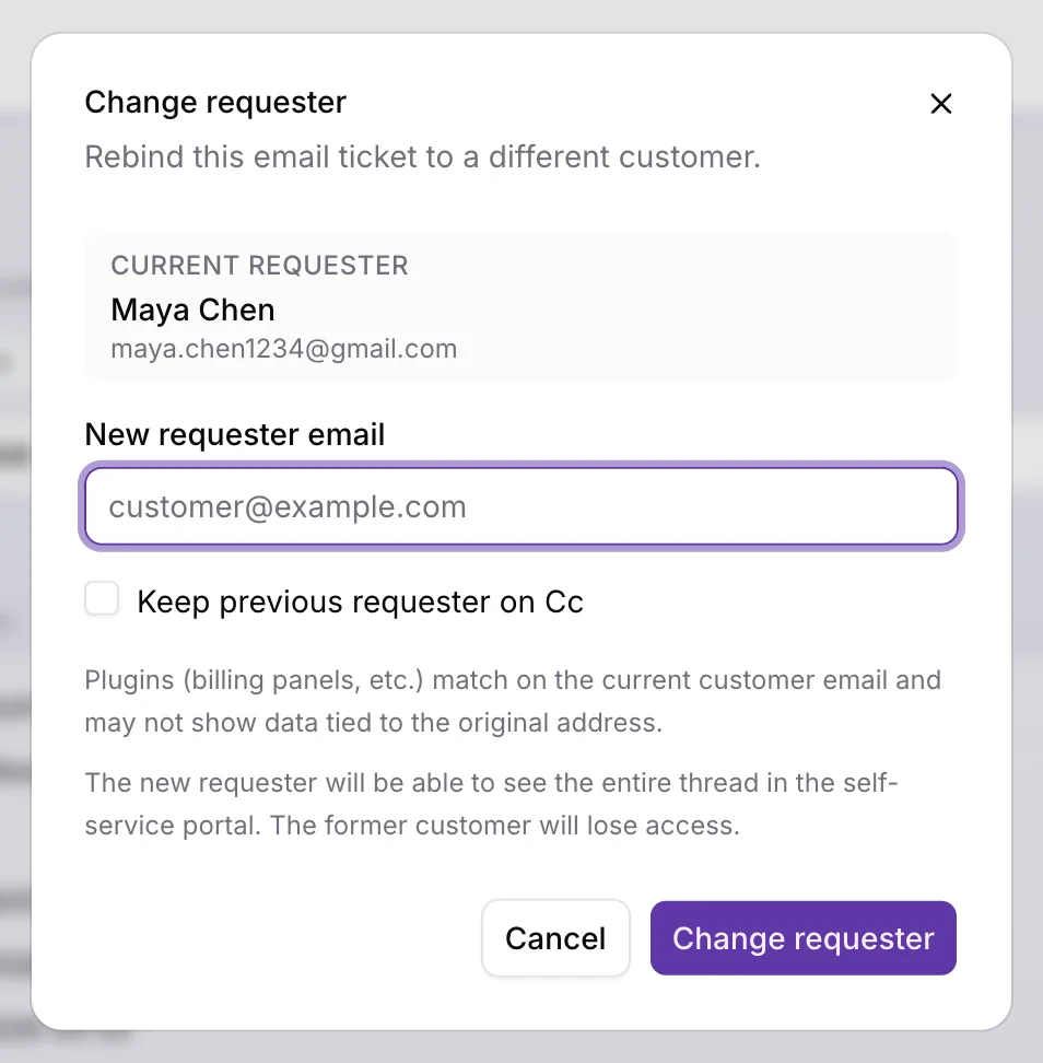 Modal Modifier le demandeur avec le demandeur actuel, le champ e-mail du nouveau demandeur, la case Conserver le précédent demandeur en Cc et le bouton Modifier le demandeur