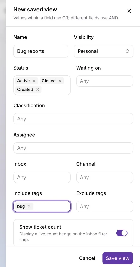 Dialogue Nouvelle vue enregistrée créant le filtre personnel Bug reports avec inclure les étiquettes sur bug et Afficher le nombre de tickets activé