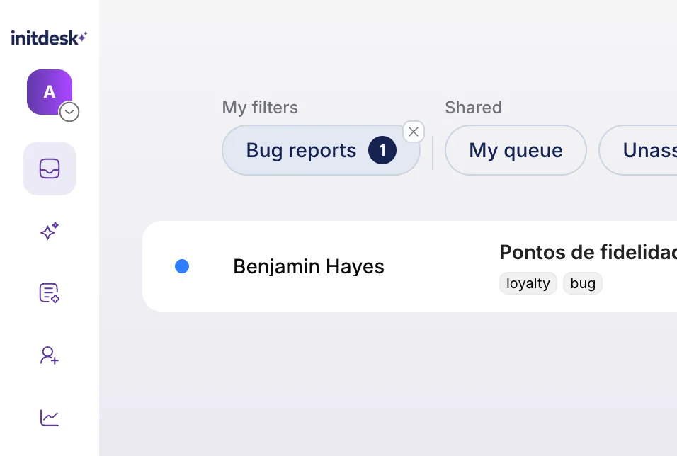 Barre de filtres de la boîte de réception avec Mes filtres affichant l'onglet personnel Bug reports avec un compteur en direct, et Partagés affichant Ma file et Non assignés