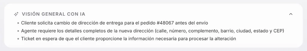 Aperçu IA d’un ticket rédigé en espagnol