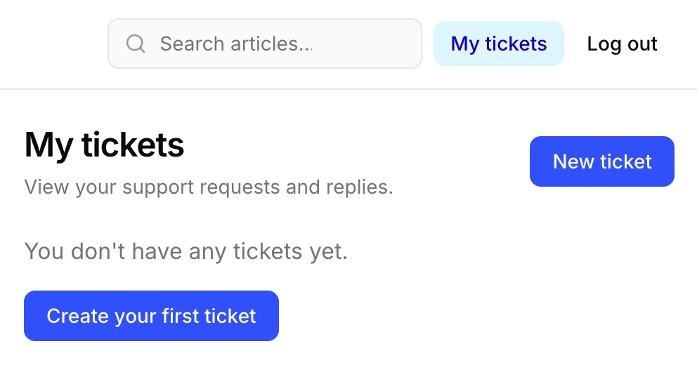 Paramètres d'interface du Help Center avec l'option Customer ticket access pour permettre la connexion par e-mail et consulter ses propres tickets et messages