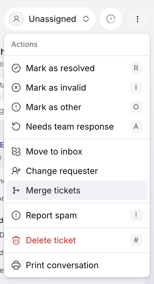 Merge tickets dialog showing duplicate tickets from the same customer
