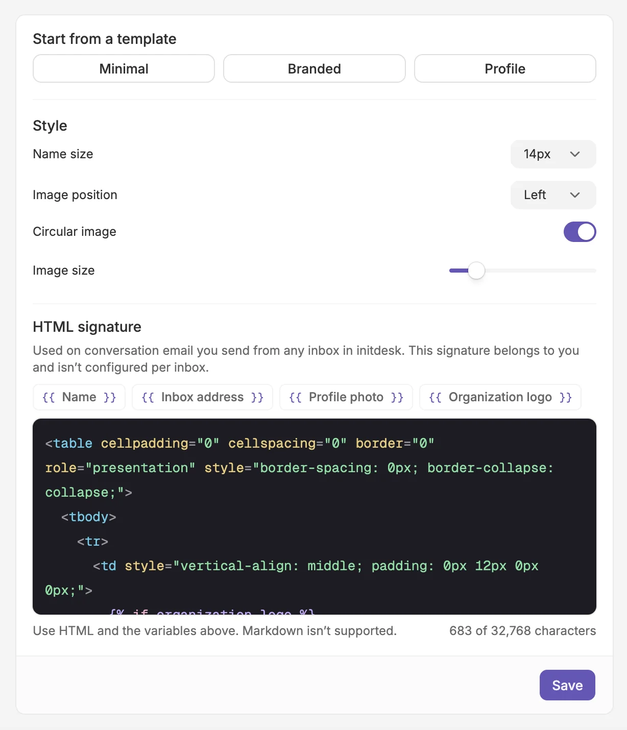 Personal email signature editor with Minimal, Branded, and Profile templates, image styling controls, and HTML variables for a name, inbox address, profile photo, and organization logo