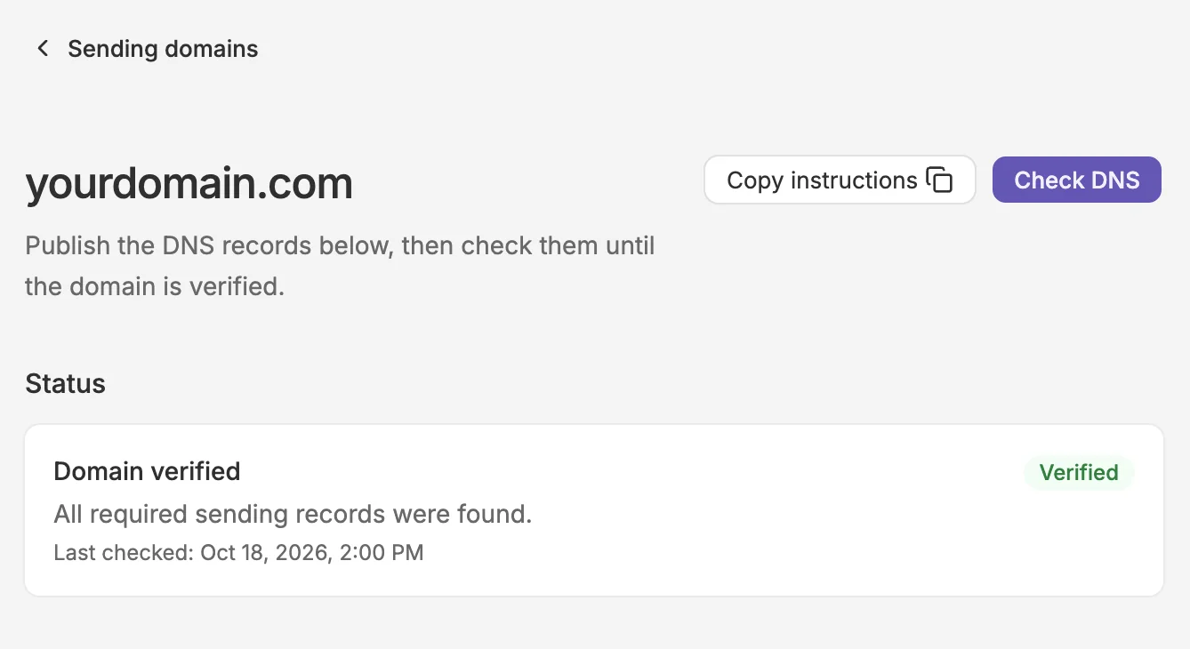 Page des domaines d’envoi indiquant que yourdomain.com est vérifié, avec tous les enregistrements d’envoi trouvés et des actions pour copier les instructions et vérifier le DNS