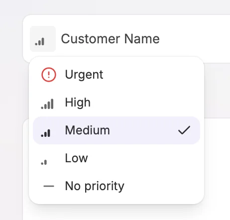 Ticket priority menu with Urgent, High, Medium, Low, and No priority options, with Medium selected