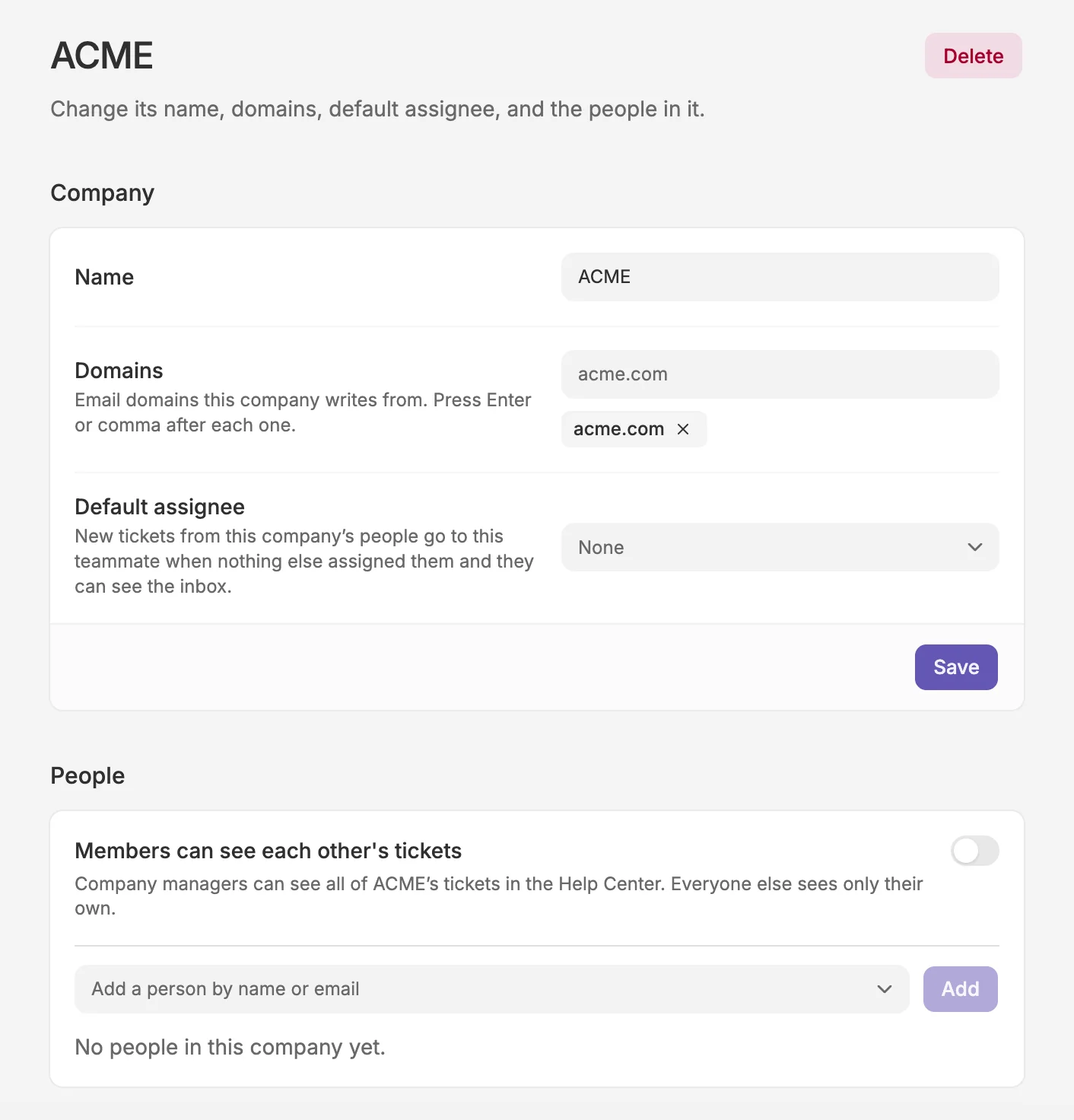 ACME company settings with name, email domains, default assignee, contacts, and a control for members to see each other’s tickets in the Help Center