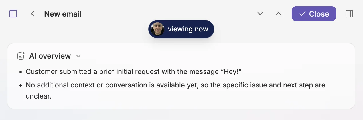 Ticket header showing a teammate’s avatar and a viewing now indicator above the conversation