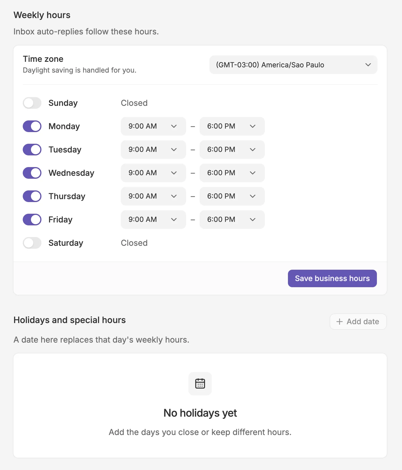 Configuración del horario de atención con zona horaria, horario semanal, festivos y horarios especiales